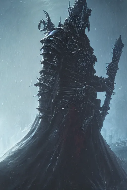 Prompt: A closeup of a Death Knight by Greg Rutkowski, Bloodborne, 4k photorealistic, volumetric lighting, HD, high details, dramatic, dark atmosphere, trending on artstation