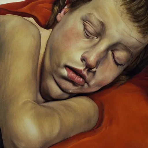 Image similar to high quality high detail painting by lucian freud, hd, exhausted girl portrait, photorealistic lighting