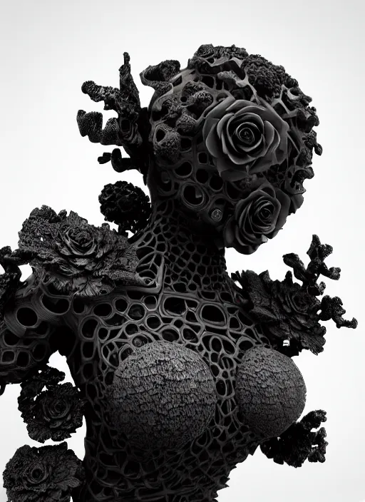 Prompt: biomechanical black statue made of corals, daisies, roses, well contoured smooth fair walls carrying perfume bottle, up close shot, sharp focus, global illumination, radiant light, alexandre ferra white mecha, irakli nadar, octane highly render, 4 k, ultra hd,