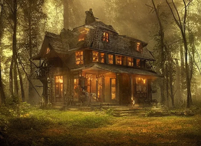 Prompt: house in a clearing in the middle of the forest, beautifully lit, steampunk, by lila alavardao