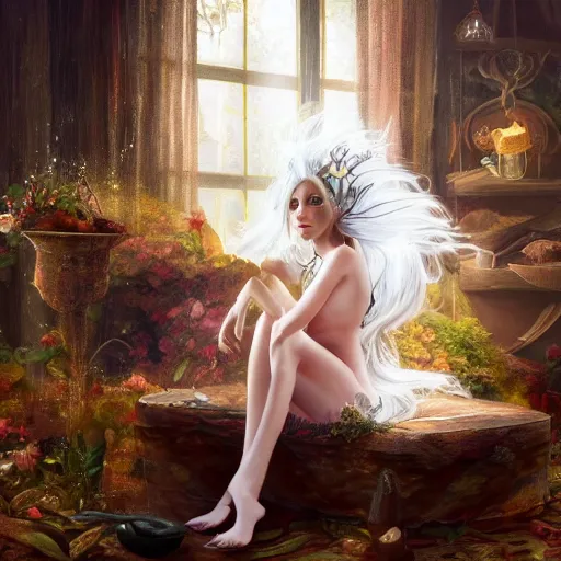 Prompt: A female archfey from the Feywild sitting in the dining room alone, 4k resolution, oil painting, highly detailed