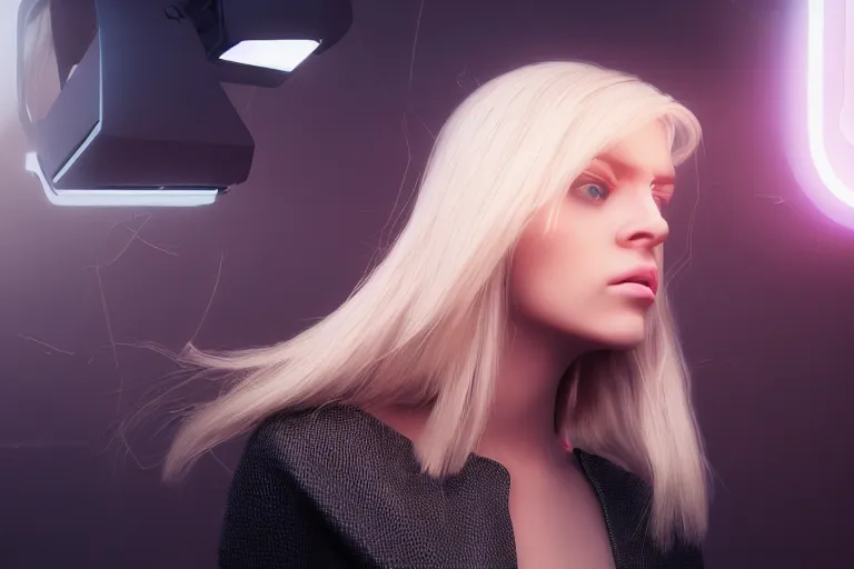 Image similar to a beautiful blonde girl trapped in virtual reality, futuristic, cyberpunk, 3 d rendered, 3 d rendering, dramatic lighting, dark theme, hdr, unreal engine 5, crazy realistic