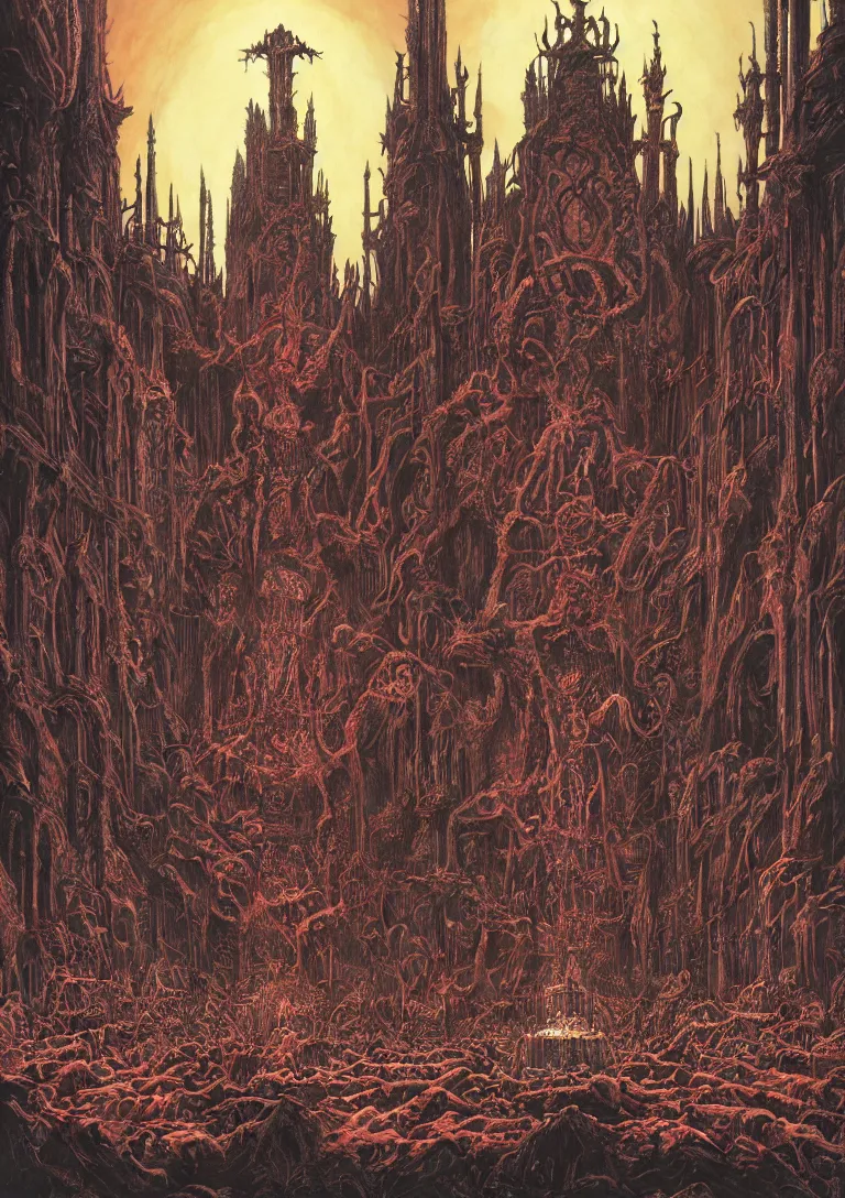 Prompt: matte painting of a gothic throne room, centered on a huge throne of bones and flesh, abominations are kneeling in front of the throne, dying humans are nailed to the walls, red tones, josan gonzales and moebius and enki bilal and and dan mumford and jean claude meziere and philippe druilleg