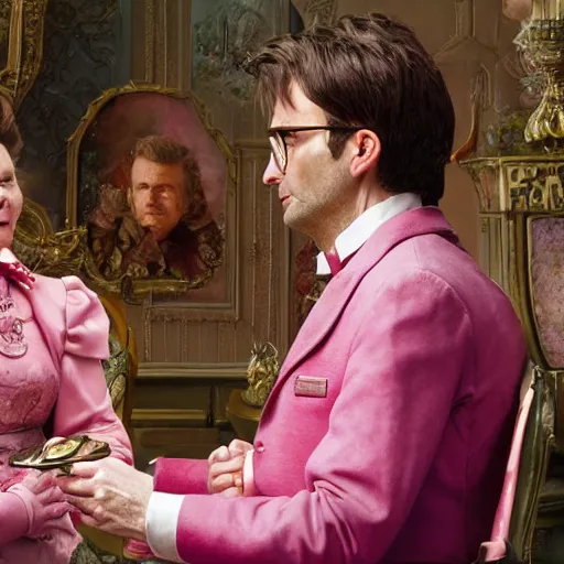 Image similar to david tennant and imelda staunton as dolores umbridge in pink clothes with the tenth doctor who, highly detailed, artstation, concept art, fantasy, smooth, sharp focus, illustration, perfect face, art by willem claesz. heda, nikolay makovsky, jacek malczewski, arthur hughes, edward okun, franz xaver winterhalter