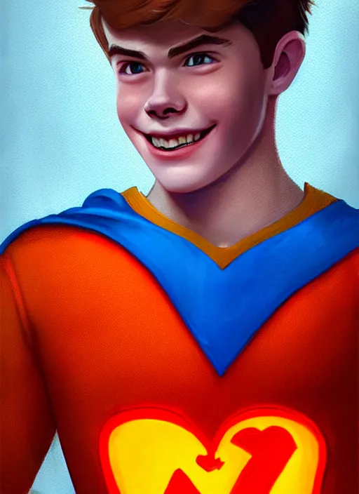 Image similar to friendly teenage archie andrews wearing an orange superhero costume with heart logo, heart, freckles, blue cape, heart emblem on chest, blue cape, intricate, elegant, glowing lights, highly detailed, digital painting, artstation, sharp focus, illustration, art by wlop, mars ravelo and greg rutkowski