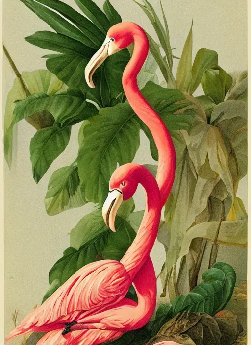 Image similar to python wrapped around a flamingo, tropical plants, botanical, biology, artist john audubon