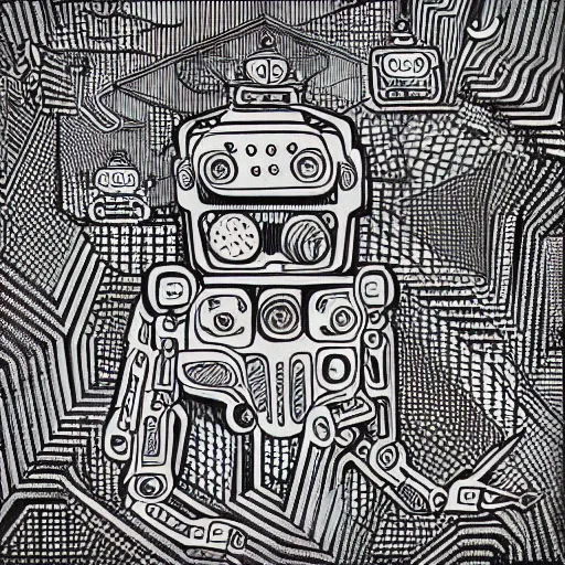 Image similar to “geometrically incomprehensible surreal order of robot factory, extremely high detail, photorealistic, intricate line drawings, dotart, album art in the style of James Jean”