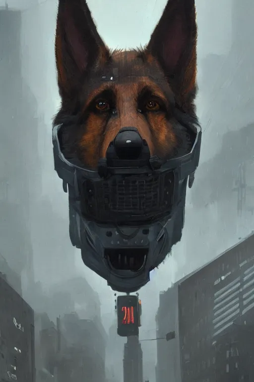 Prompt: new york city portrait of furry anthro anthropomorphic german shepard head animal person fursona wearing clothes strange cybernetic augmentations cyber muzzle robot body gloomy rainy cyberpunk digital art by Greg Rutkowski, Simon Stalenhag, trending on Artstation, CGSociety