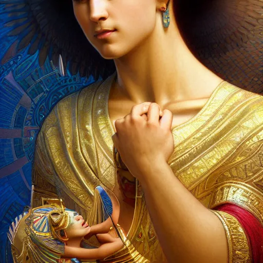 Image similar to portrait of egyptian sun god, intricate, elegant, highly detailed, digital painting, artstation, concept art, smooth, sharp focus, illustration, art by artgerm and greg rutkowski and alphonse mucha and william - adolphe bouguereau