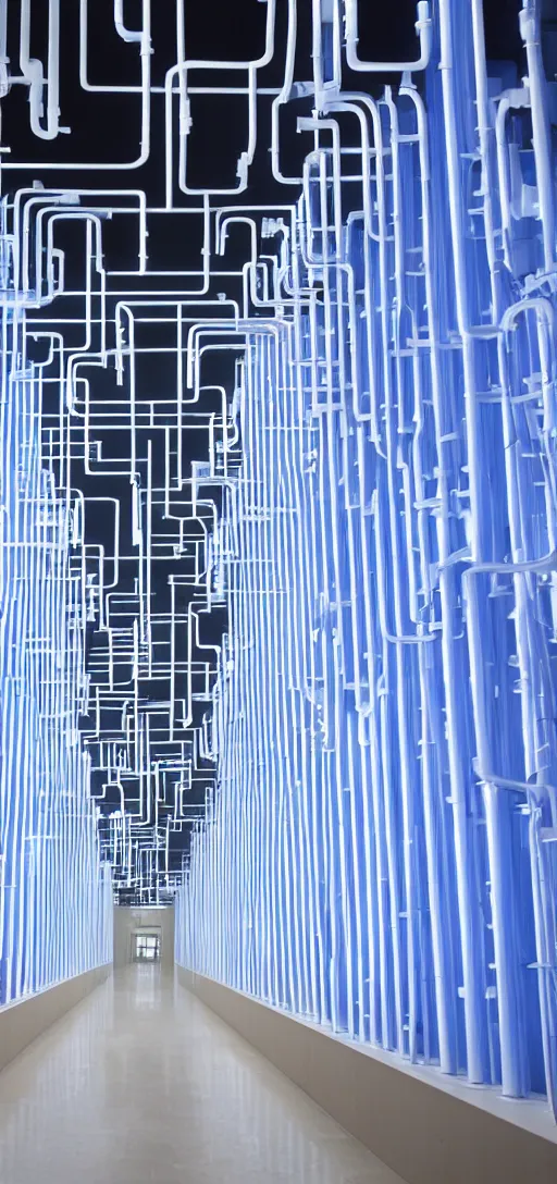 Image similar to an infinite white hallway with white pipes and blue screens on its walls