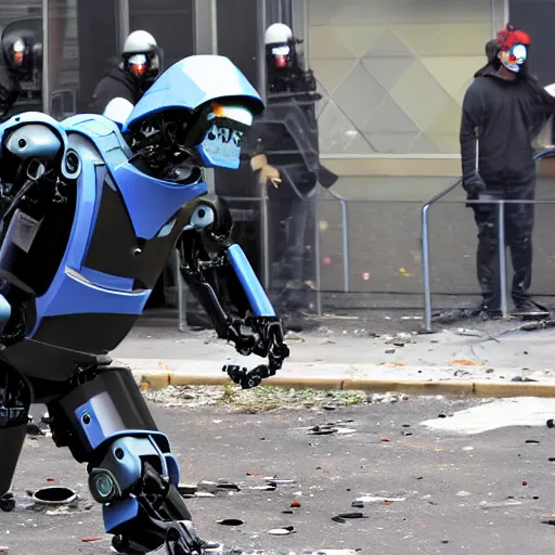 Image similar to Robotic security guard being dismantled by rioters