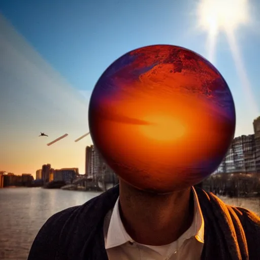 Image similar to Toronto tourist guide with planet mars as a head, dramatic cinematic lighting