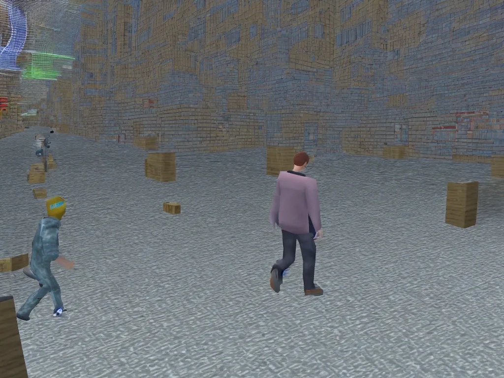 Prompt: glitchy Nintendo 64 N64 game, third person, man walking through city