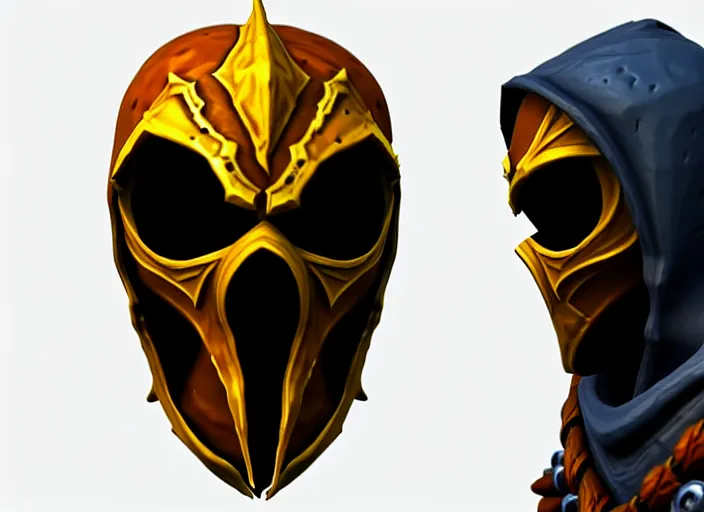 Image similar to hooded skull, with mortal kombat scorpion style facemask, stylized stl, 3 d render, activision blizzard style, hearthstone style, crash bandicoot artstyle