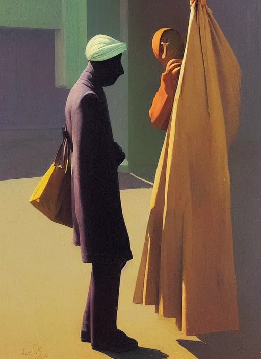 Image similar to man with a paper bag over the head and a sward shopping Edward Hopper and James Gilleard, Zdzislaw Beksinski, Steven Outram highly detailed