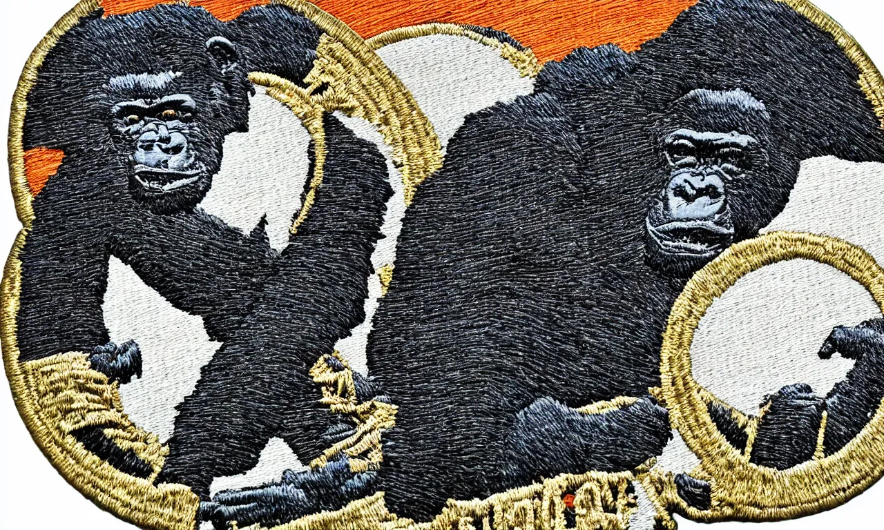 Image similar to a gorilla climbing a communications tower. breaking lighting bolts. round, circular embroidered us radar corps patch 8 k /