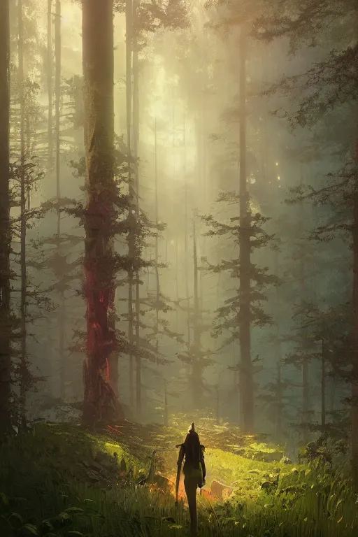 Prompt: in the great forest byBeeple, grimshaw, thomas cole, ismail inceoglu, winslow homer, greg rutkowski, gerald brom, marc simonetti, simon stalenhag, anton fadeev, donglu yu