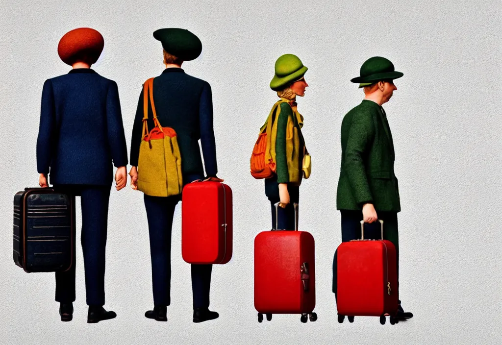 Image similar to full body portrait of a duo of european tourists autumn travel apparel, various poses walking and carrying luggage, character designs painting, in the style of wes anderson, rene magritte, lola dupre, david hockney, isolated on white background, dark monochrome neon spraypaint accents volumetric octane render