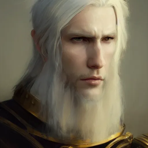 Prompt: character design, portrait of a attractive male with pale skin, long white hair and proeminent cheekbones, medieval, dark armor, painting by wlop, nixeu and greg rutkowski, beautiful, cgsociety, semirealism, artstation, octane render, sharpness, 8 k, golden ratio