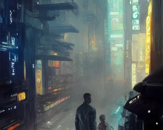 Prompt: 2 0 1 8 blade runner movie still jamie foxx look at the cityscape from roof perfect face fine realistic face pretty face reflective polymer suit tight neon puffy jacket blue futuristic sci - fi elegant by denis villeneuve tom anders zorn hans dragan bibin thoma greg rutkowski ismail inceoglu illustrated sand storm alphonse mucha