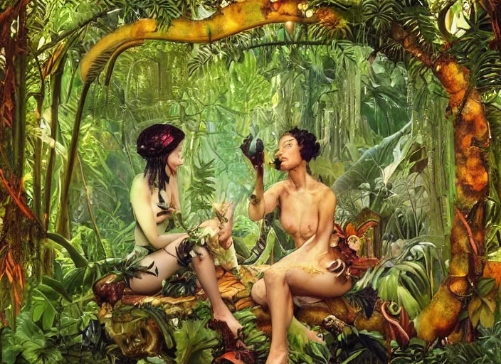 Prompt: lush nightlife in the jungle fairy foliage painting carved in amber by chiara bautista and norman rockwell and greg rutkowski weta studio