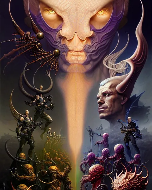 Image similar to a portrait of the armies of good and evil, fantasy character portrait made of fractals facing each other, ultra realistic, wide angle, intricate details, the fifth element artifacts, highly detailed by peter mohrbacher, hajime sorayama, wayne barlowe, boris vallejo, aaron horkey, gaston bussiere, craig mullins