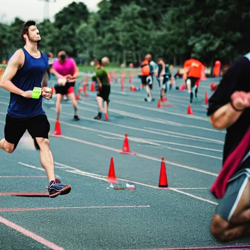 Image similar to photograph of an athletic man holding a bible while running. Bible is in their hands. Zombies in the background. Track and field event. DSLR Photography