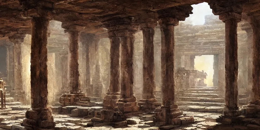 Image similar to ancient temple, pillars, tomb raidar, indiana jones, altar, traps, from inside a temple, temple run, painted by greg rutkowski