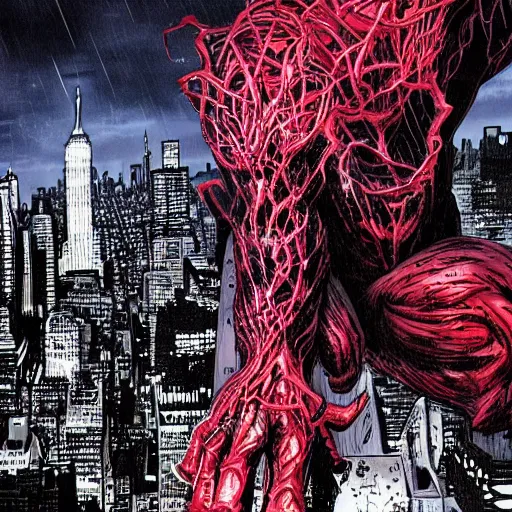 Image similar to carnage symbiote destroying new york city on a dark and gloomy night