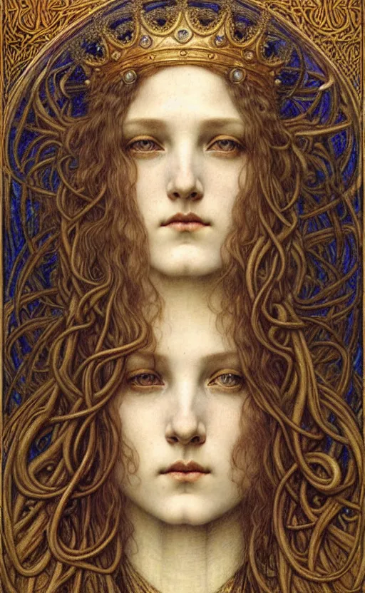 Image similar to detailed realistic beautiful young medieval queen face portrait by jean delville, gustave dore and marco mazzoni, art nouveau, symbolist, visionary, gothic, pre - raphaelite. horizontal symmetry