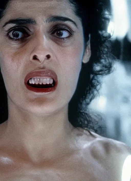 Image similar to film still of salma hayek in the movie Alien, captured in a creamy alien substance, scary, cinematic shot, 4k.