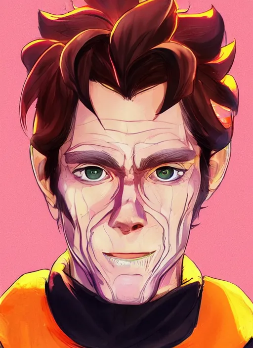 Image similar to young anime willem dafoe portrait illustrated by rossdraws, vivid colors, soft lighting, digital artwork 4 k, best of artstation