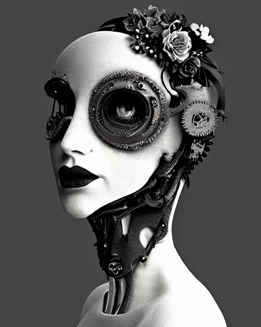 Image similar to black and white dreamy foggy smoky profile face portrait, one silver steampunk realistic eye biomechanical beautiful young female cyclope - cyborg - robot bust, body ribs meshes,, volumetric light, hibiscus flowers, by hg giger, rim light, by dora maar and cecile beaton, big gothic fashion pearl embroidered collar, 8 k