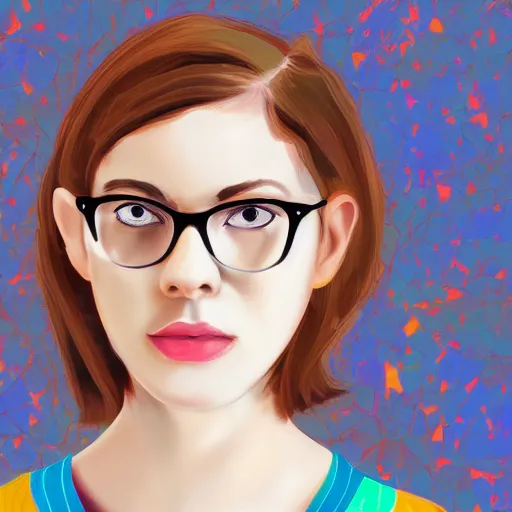 Prompt: a neural network with outlines of a girl with glasses and short brown hair thinking thoughts that are visible, colorful image, digital art