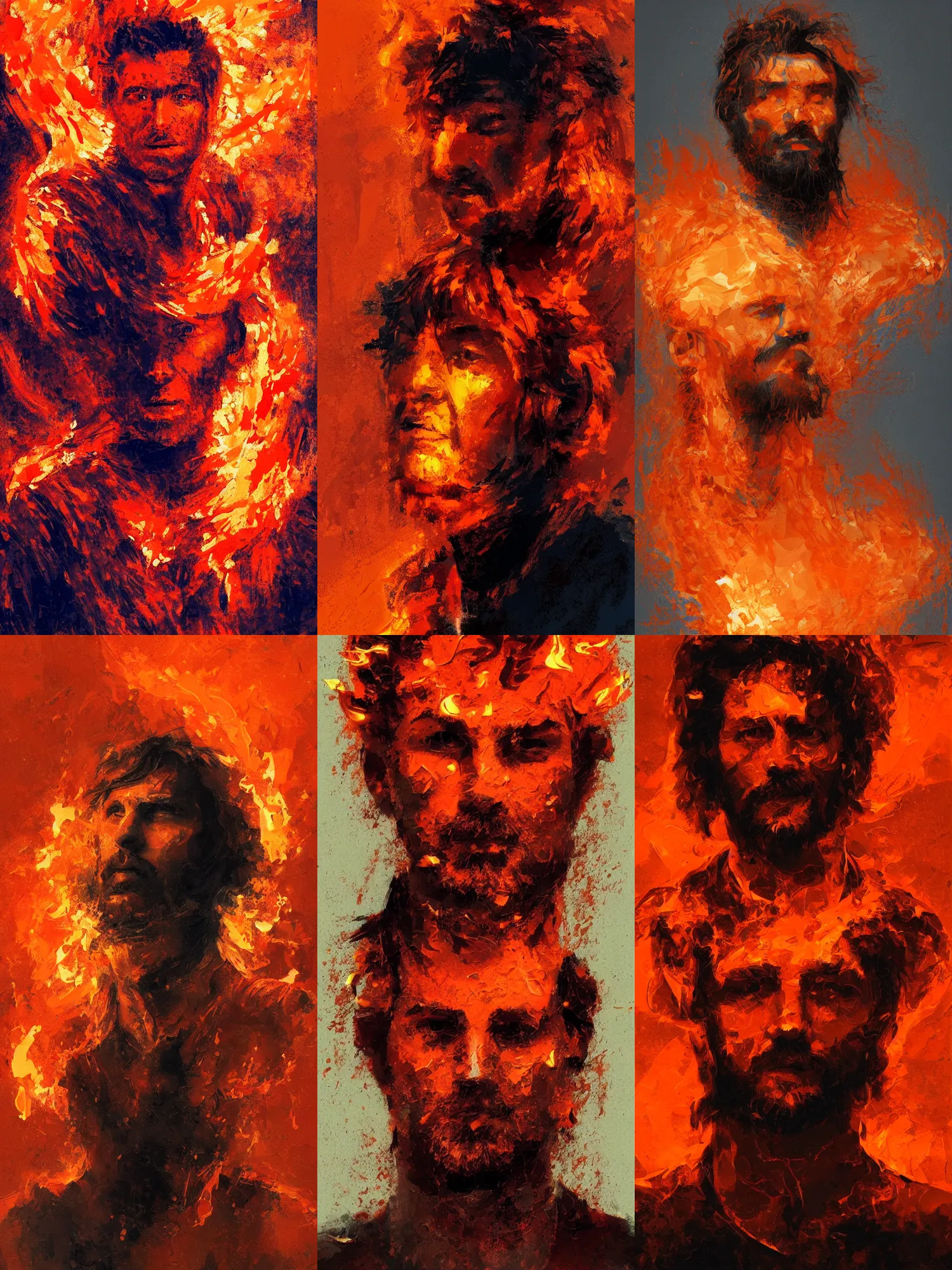Prompt: abstract painting of man made of flames, handsome. long hair. Stubble. by craig mullins, featured on artstation. Portrait. Soviet era pose. Stoic. Orange.