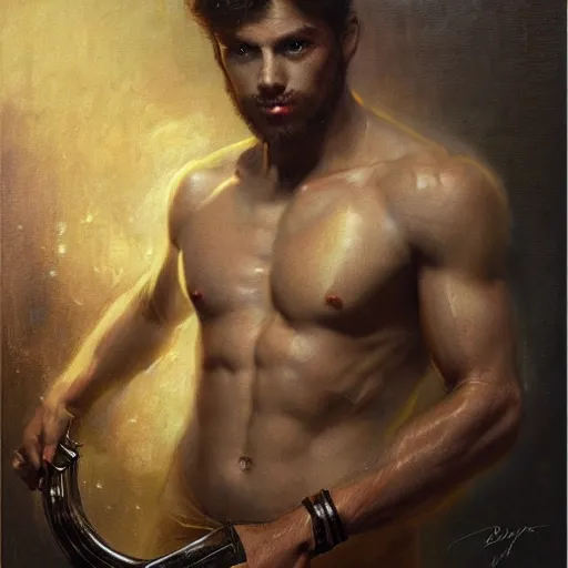 Image similar to handsome portrait of a young guy fitness posing, war hero, confidence, radiant light, caustics, reflective sweat, by gaston bussiere, bayard wu, greg rutkowski, giger, maxim verehin