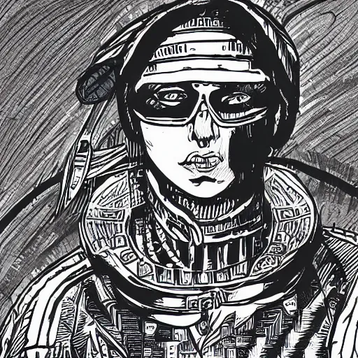 Image similar to hand drawn illustration of a cyberpunk berber corsair at the helm of a ship