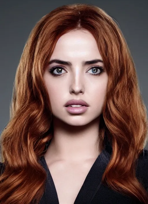 Prompt: ana de armas portraying a beautiful mara jade from star wars legends, in a black suit, without lightsaber, movie, hyper realistic, hollywood promotional photo image, imax, 8 k