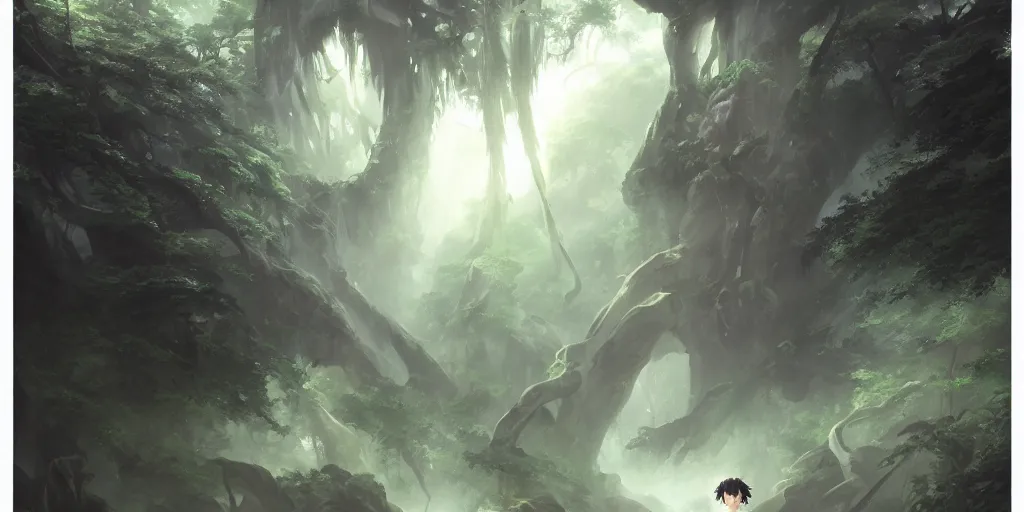 Image similar to a film still portrait of an ominous spirit, finely detailed features,, perfect art, an ancient primordial rainforest trending on pixiv fanbox, painted by greg rutkowski makoto shinkai takashi takeuchi studio ghibli