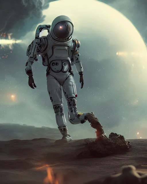 Image similar to full body concept ar of a cyborg astronaut, hovering above ground, smoke surrnounding him, cinematic, sci - fi concept art, octane render, greg rutkowski, brush strokes