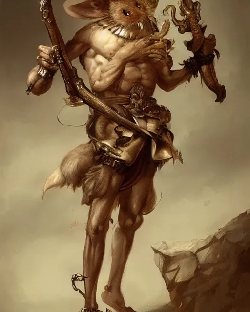 Prompt: baroque portrait of a male were-rat with the head of a rat. he is very muscular. he is wielding an axe. 4K trending on artstation by peter mohrbacher