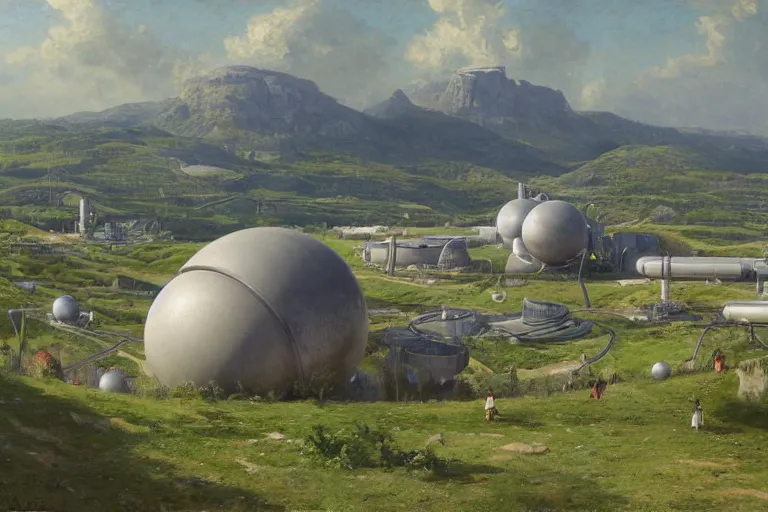 Image similar to an impressive science fiction big factory with a spherical architecture designed by star wars and boeing military with fat cables and pipes at its base, on a beautiful green hill in a the french countryside during spring season, painting by studio ghibli backgrounds and louis remy mignot hd, nice spring afternoon lighting, smooth tiny details, soft and clear shadows, low contrast, perfect