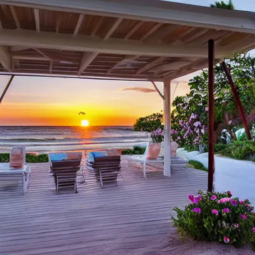 Prompt: modern beach - front house with a large gazebo, yard is full of flowers, sunset