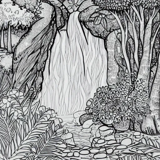 Image similar to an adult coloring page of a waterfall in the enchanted forest, light detail