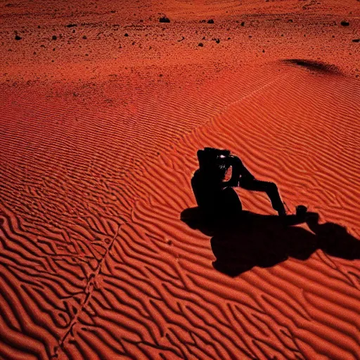 Prompt: abandoned on mars, stranded person, dream like atmosphere, melancholy, walking in the red dunes