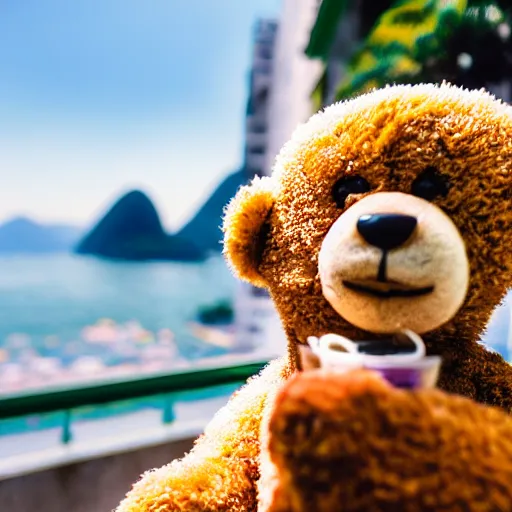 Prompt: a photo of a teddy bear eating a cookie in rio de janeiro, 2 4 mm, summer