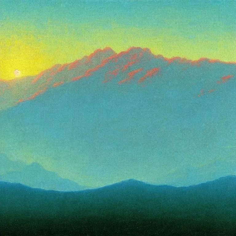 Image similar to caucaus mountains at dawn, arkhip kuindzhi painting, teal palette, impasto sun, pythagorean mysticism