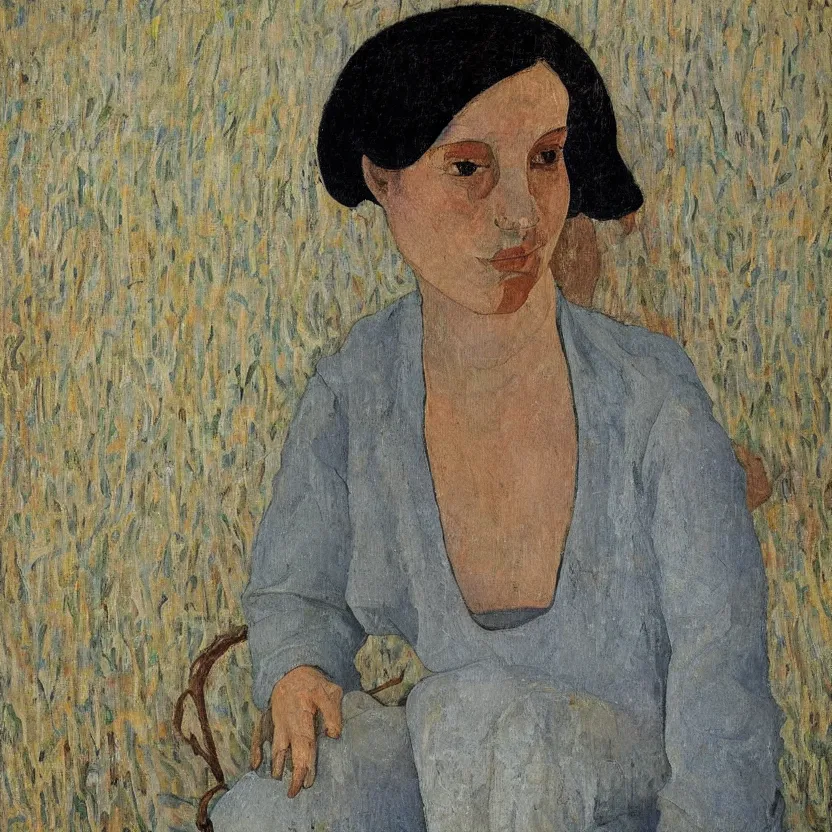 Image similar to a painted portrait of a women in rural france by felice casorati, aesthetically pleasing and harmonious natural colors, expressionism