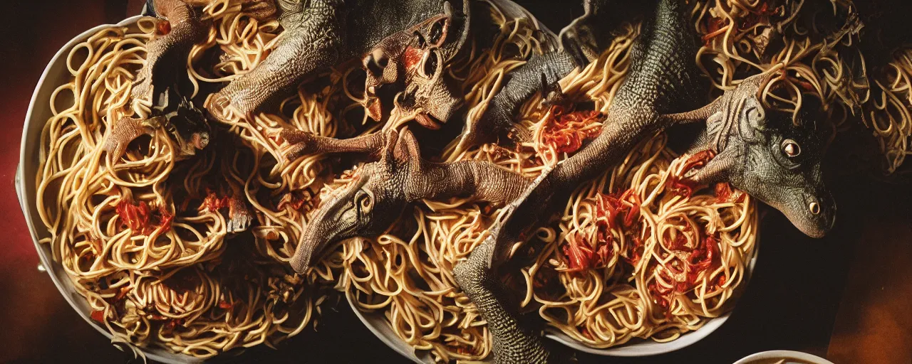 Image similar to two dinosaurs fighting to the death, inside a bowl of spaghetti, canon 5 0 mm, cinematic lighting, photography, retro, film, kodachrome