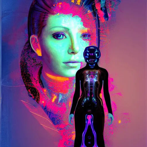 Image similar to a digital painting of a technomancer woman attached by love in a living room of a house. surrounded by synthesized ai djinn hologram, an ultrafine detailed painting by alberto seveso, a silk screen by julian schnabel, featured on deviantart, modern european ink painting, photoillustration, impressionism, biomorphic, behance hd, lovecraftian